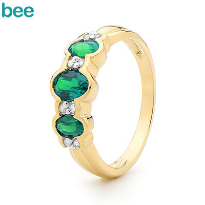 9ct Yellow Gold Created Emerald And Diamond Dress Ring
