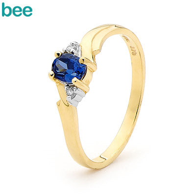 9ct Yellow Gold Created Sapphire And Diamond Ring