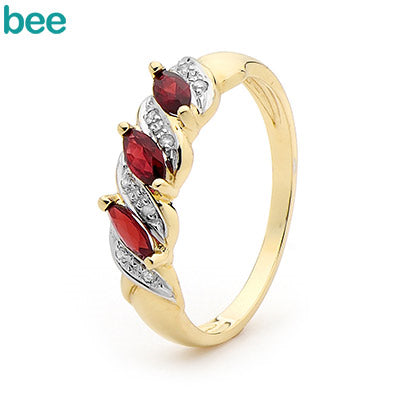 9ct Yellow Gold Created Rubies And Diamond Ring