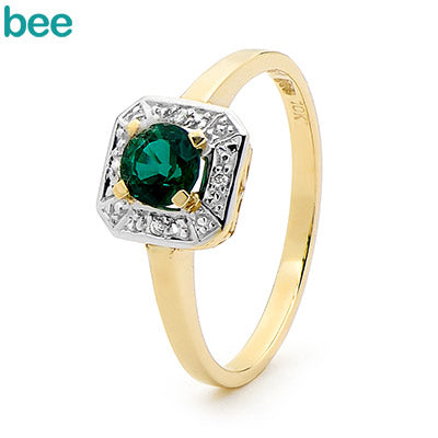 9ct Yellow Gold Created Emerald and Diamond Dress Ring