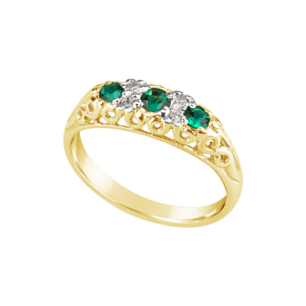 9ct Yellow Gold Created Emerald and Diamond Set Antique Style Ring