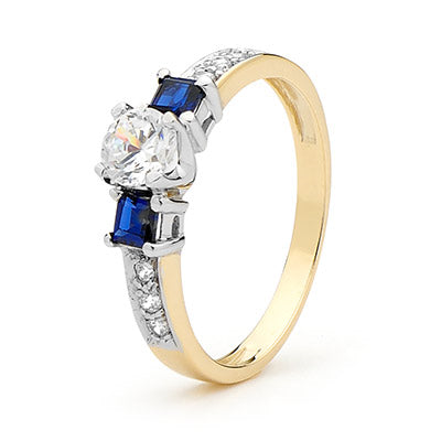 9ct Yellow Gold Created Sapphire and Cubic Zirconia Ring