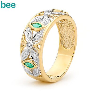 9ct Yellow Gold Created Emerald and Diamond Ring