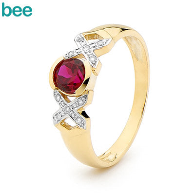 9ct Yellow Gold Created Ruby And Diamond Dress Ring