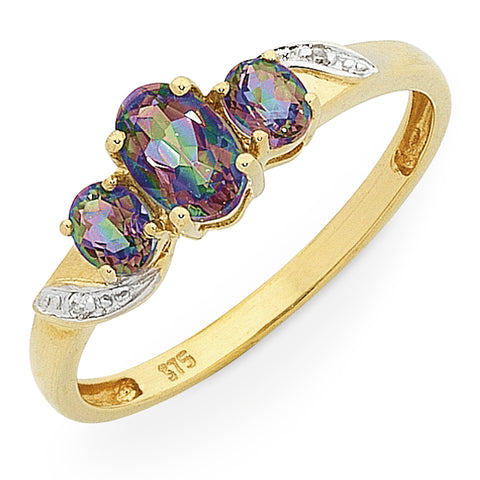 9ct Yellow Gold Mystic Topaz and Diamond Ring