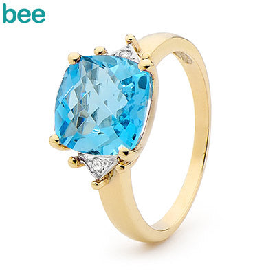 9ct Yellow Gold Blue Topaz and Diamond Dress Ring