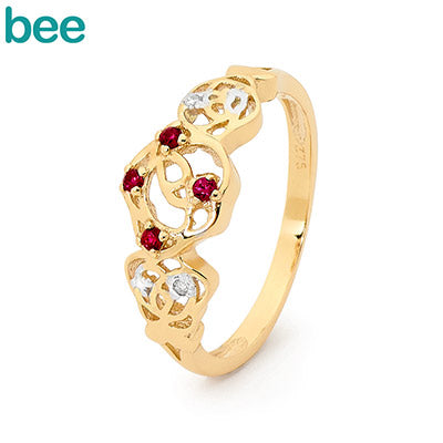 9ct Yellow Gold Created Ruby And Diamond Rose Ring