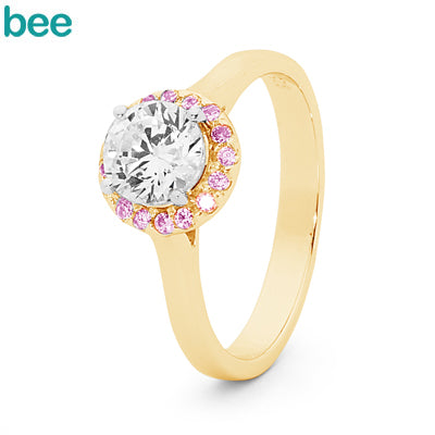 9ct Yellow Gold Pink and White Cubic Zirconia Halo Ring