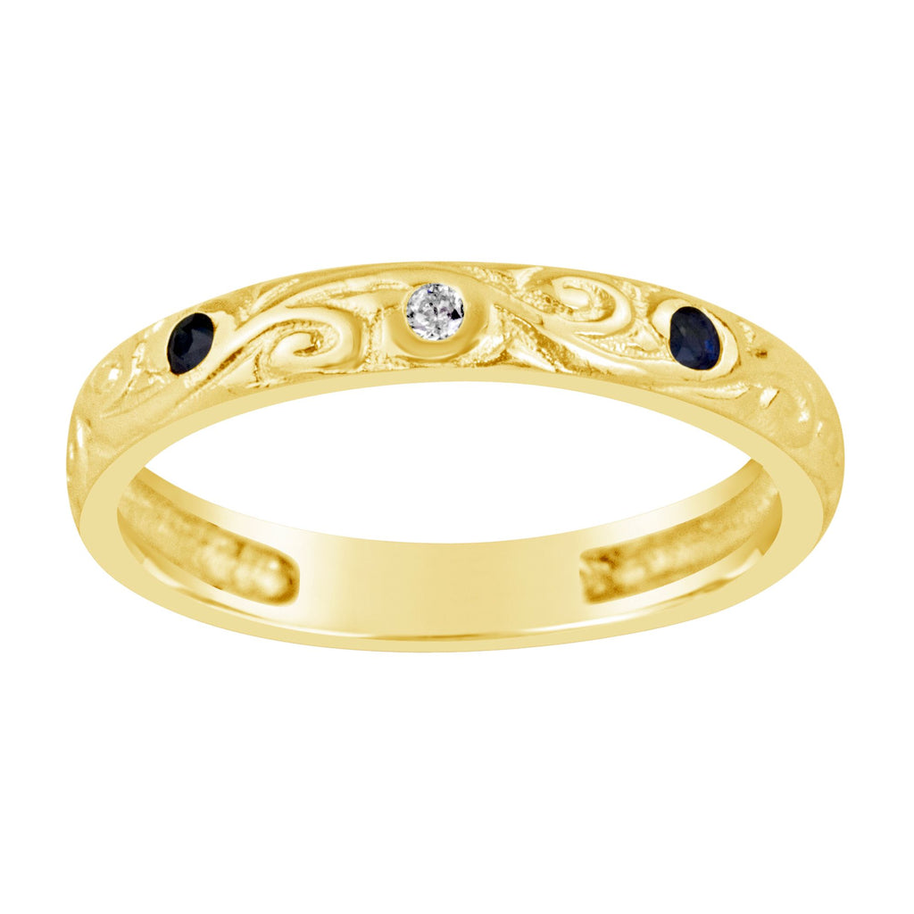 9ct Yellow Gold Sapphire and Diamond Engraved Band