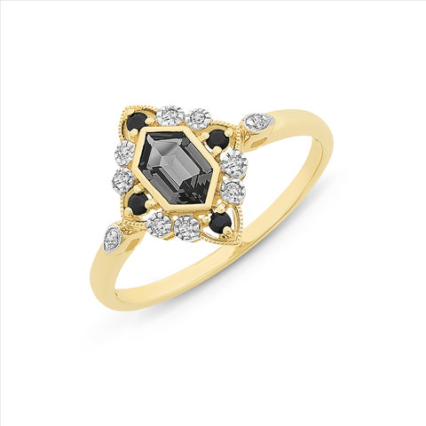 9ct Yellow Gold Diamond, Sapphire & Created Nano Gem Ring