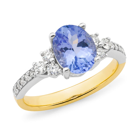 9ct Yellow/White Gold Oval Tanzanite and Diamond Ring