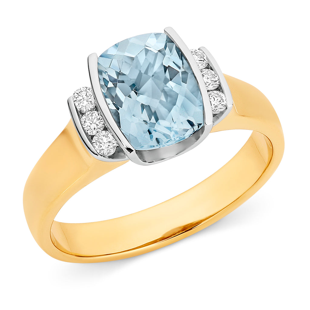 9ct Yellow/White Gold Aquamarine and Diamond Ring