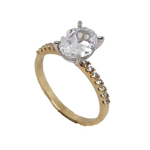 9ct Gold 2 Tone Oval Claw Set Cubic Zirconia Ring