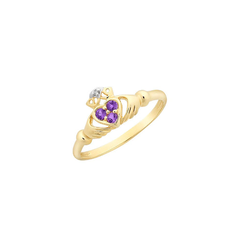 9ct Yellow Gold Amethyst & Diamond Claddagh Ring