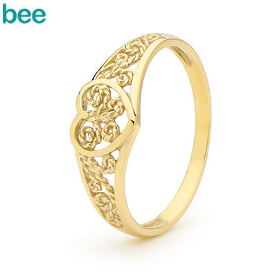 9ct Yellow Gold Filigree Heart Dress Ring