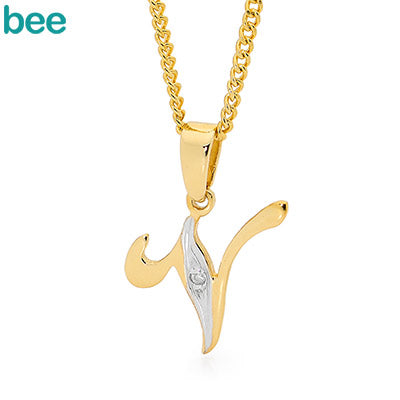 9ct Yellow Gold Diamond 'V' Initial Pendant & Plated Chain