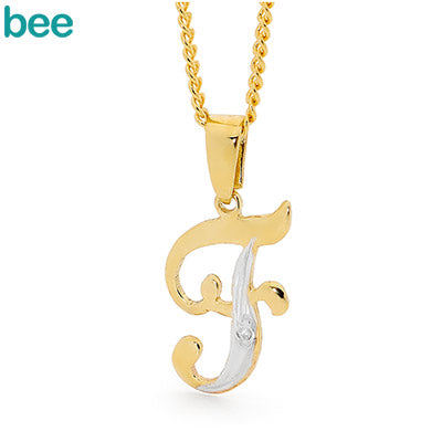 9ct yellow gold diamond set 'F' initial pendant and plated chain