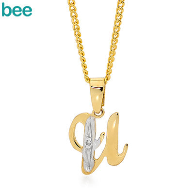 9ct yellow gold diamond set 'U' initial pendant and plated chain