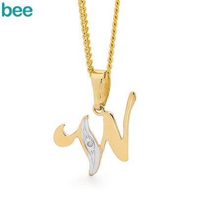 9ct yellow gold diamond set 'W' initial pendant and plated chain