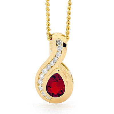 9ct Yellow Gold Created Ruby And Diamond Set Pendant & Plated Chain