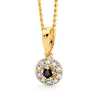 9Ct Gold Diamond Halo Sapphire Pendant & Plated Chain