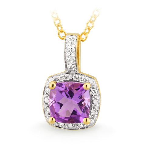 9ct Yellow Gold Amethyst and Diamond Pendant