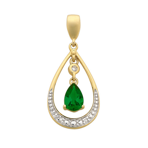 9ct Yellow Gold Created Emerald and Diamond Pendant