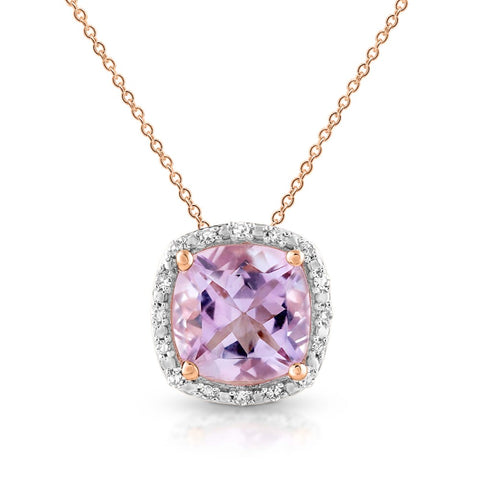 9ct Rose Gold Pink Amethyst and Diamond Pendant on Chain