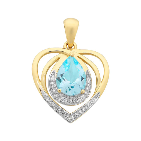 9ct Yellow Gold Blue Topaz & Diamond Heart Pendant