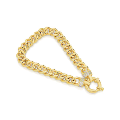 9ct Yellow Gold Solid Curb Bracelet with Cubic Zirconias