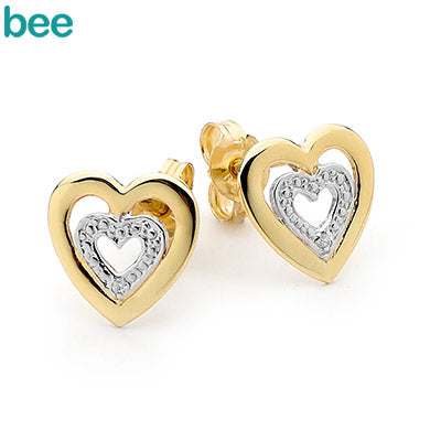 9ct Yellow Gold Diamond Set Double Heart Earrings