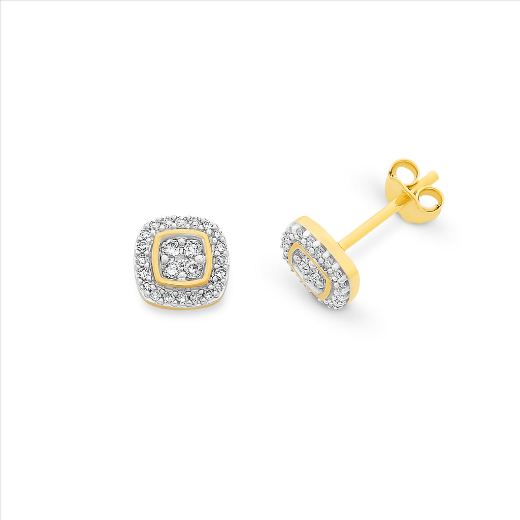 9ct Yellow Gold Diamond Multi-Stone Halo Stud Earrings