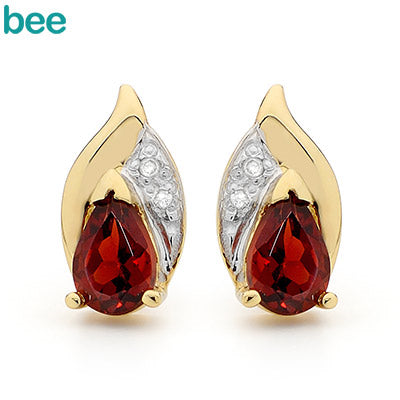 9ct Yellow Gold Pear Shape Garnet And Diamond Studs