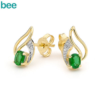 9ct Yellow Gold Created Emerald & Dia Stud Earrings