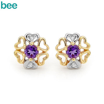 9ct Yellow Gold Diamond And Amethyst Stud earrings