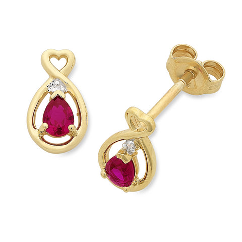 9ct Yellow Gold Created Ruby and Diamond Earrings