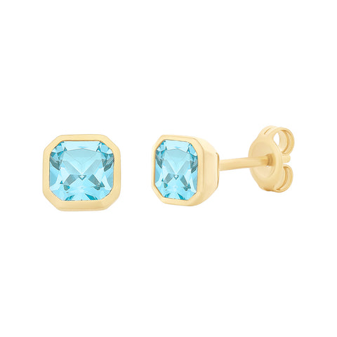 9ct Yellow Gold Square Blue Topaz Studs