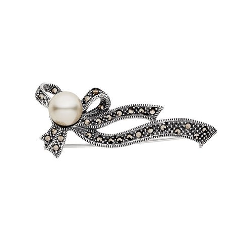 Sterling Silver Pearl And Marcasite Brooch