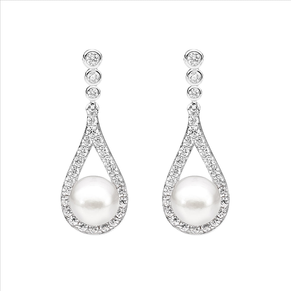 Silver Cubic Zirconia and Freshwater Pearl Drop Earrings