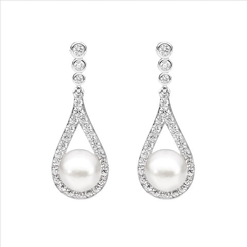 Silver Cubic Zirconia and Freshwater Pearl Drop Earrings