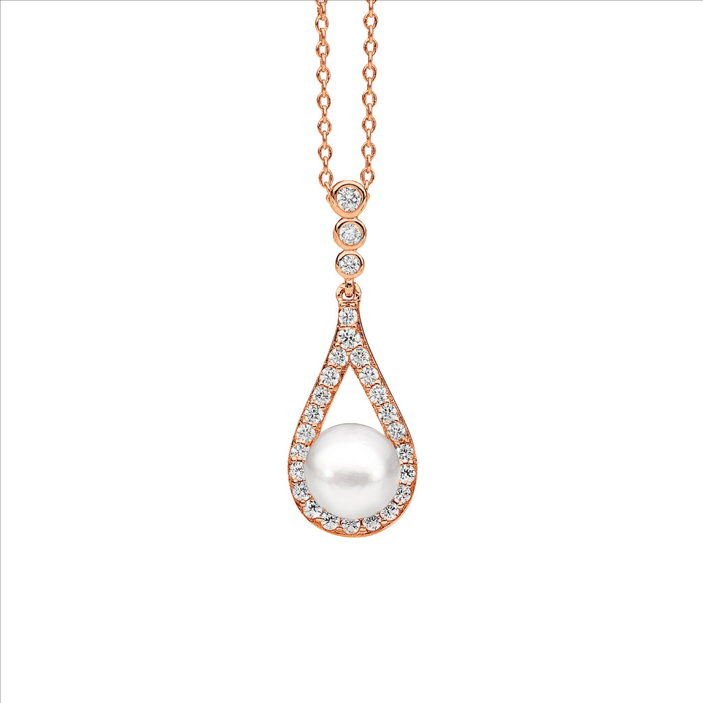 Sterling Silver Rose Gold Plated Cubic Zirconia And Freshwater Pearl Pendant