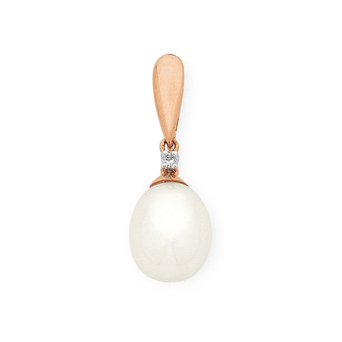 9ct Rose Gold Pearl & Diamond Pendant & Plated Chain