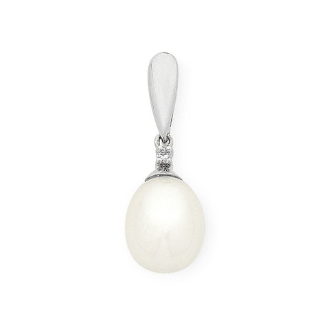 9ct White Gold Pearl & Diamond Pendant & Plated Chain