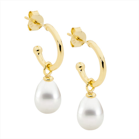 Sterling Silver Gold Plated Freshwater Pearl Hoop Drop Earrings