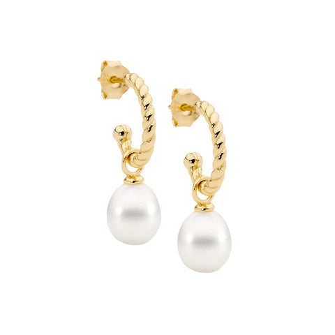 Sterling Silver Gold Plated Twist Hoop Earrings with Pearl Drops