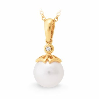 9ct Yellow Gold Diamond and Pearl Pendant With Plated Chain