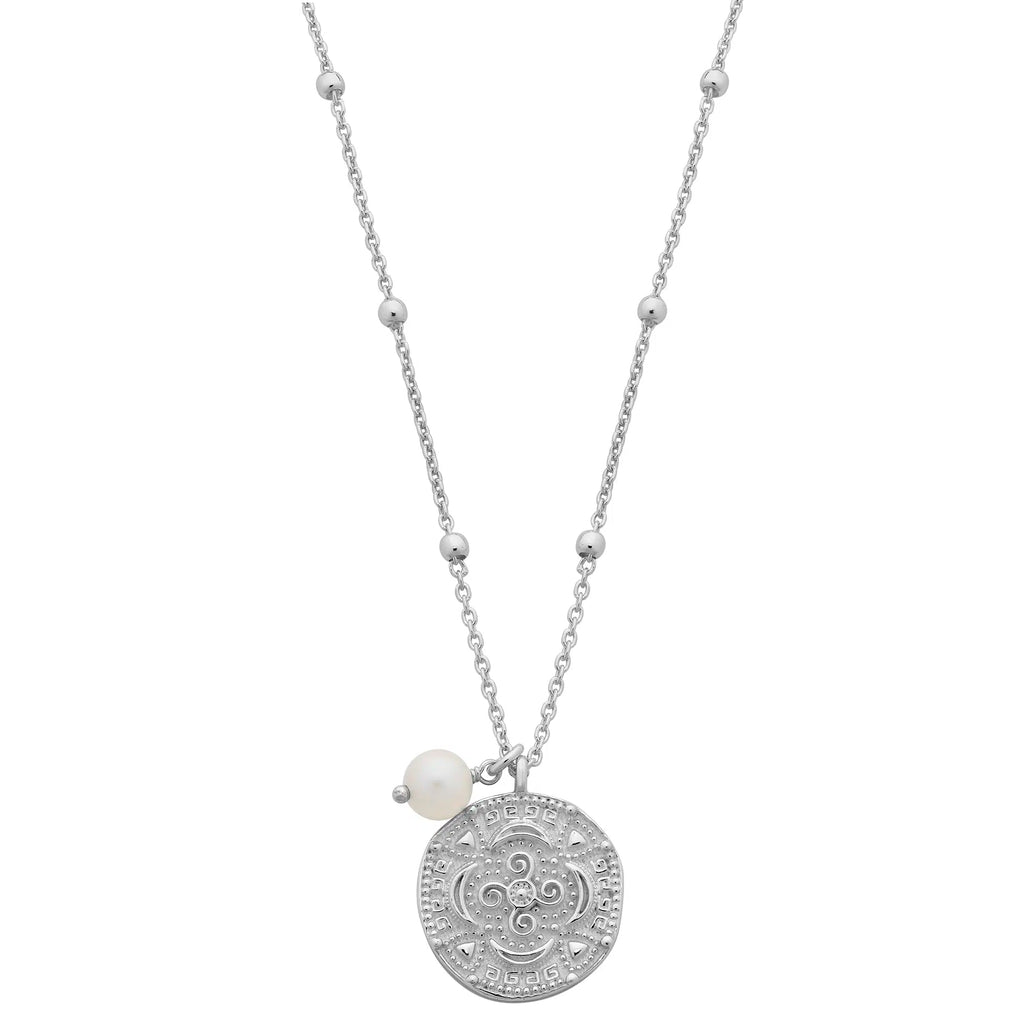 Sterling Silver Cubic Zirconia Coin & Fresh Water Pearl Necklace