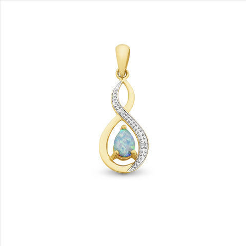9ct Created Opal & Diamond Pendant & Plated Chain