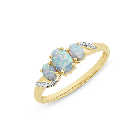 9ct Yellow Gold Created Opal & Diamond Ring