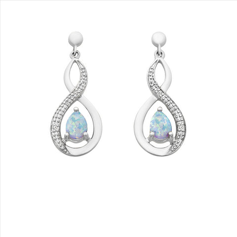 9ct White Gold Created Opal & Diamond Earrings